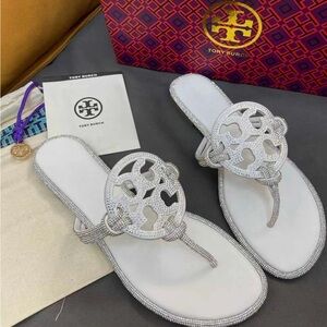 Tory Burch Silver and White Sandals